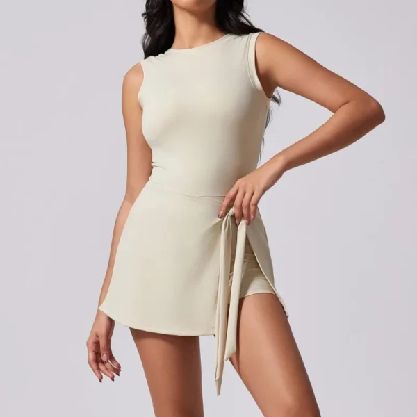 Experience Comfort and Style with this Women's Athletic Bodysuit Skirt Set For Tennis, Shows Back Glamour and Slimming