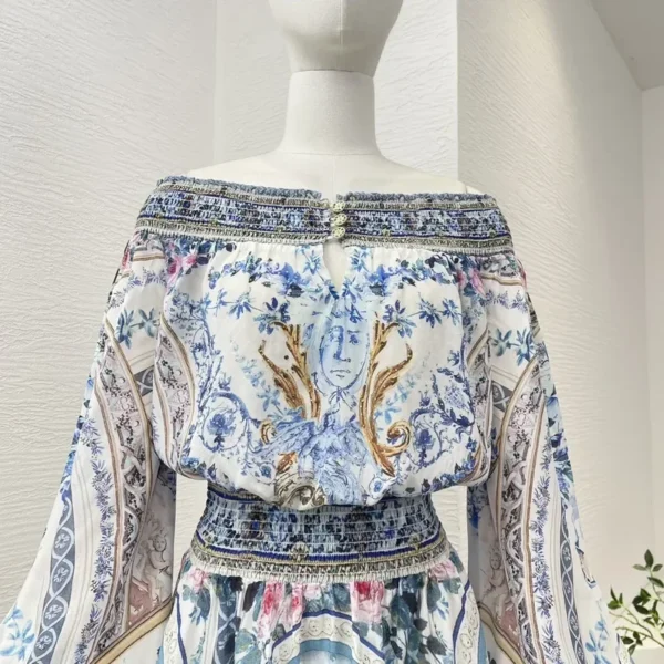 Silk 2024 New Blue Porcelain print off the shoulder shirred mini dress lantern sleeve top quality women fashion clothing - Image 3