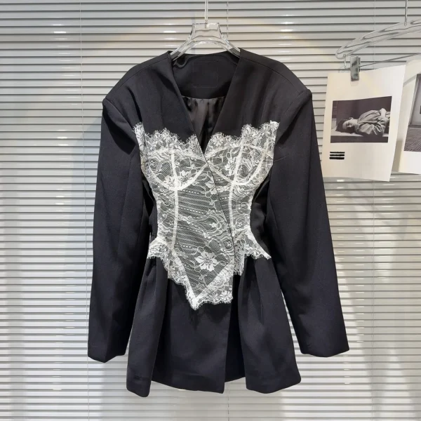 2025 Spring New Fashion V-Neck Bikini Lace Chain Pattern Splicing High Waist Suit Jacket Long Sleeve Black Jackets for Women - Image 6