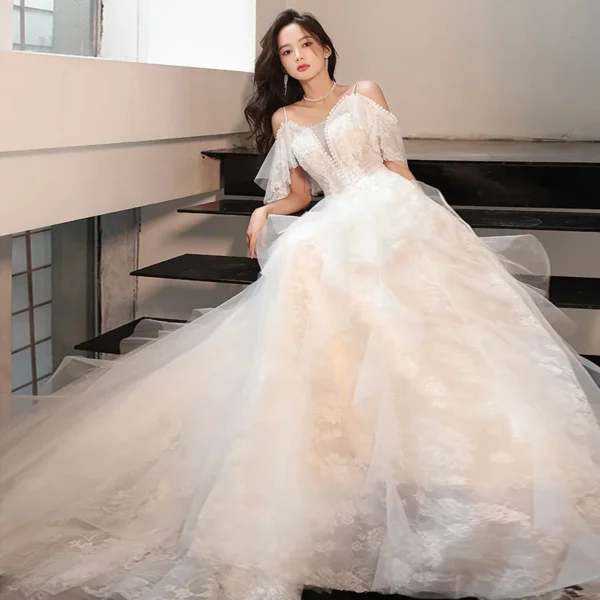 Customized Lace Tulle Bridal Dresses Spaghetti Straps Women Wedding Dress With Small Train Sexy Illusion V-neck Simple Dress - Image 2