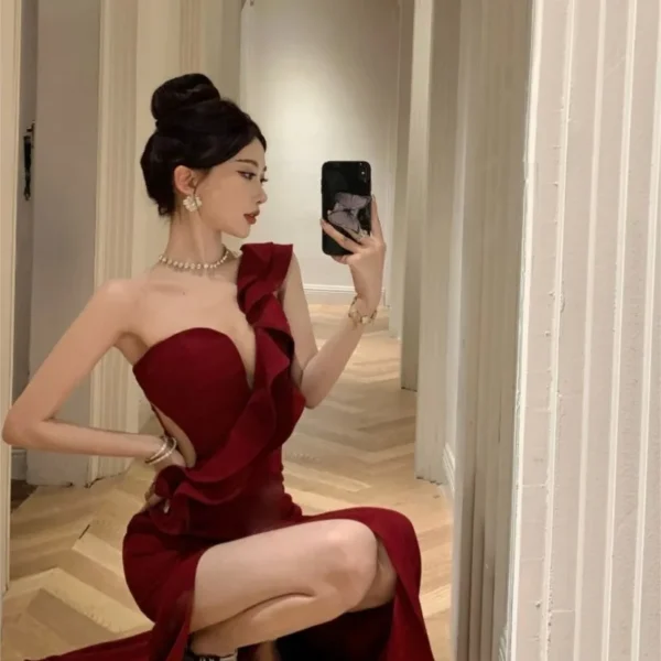 Black Hepburn dress Feminine birthday party slim slit long - Image 3