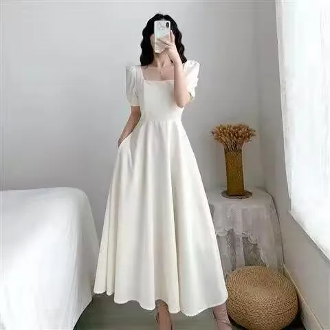 White Hepburn Light Mature Style Dress Women's Bubble Sleeves White Dress Square Neck Waist Large Size Elegant Knee Length Dress