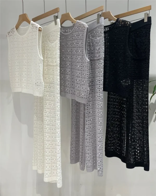 Women's Clothing 2 Piece Set Hollow Crochet Sleeveless Vest Top + Elastic Waist Long Pants Elegant Fashion Set