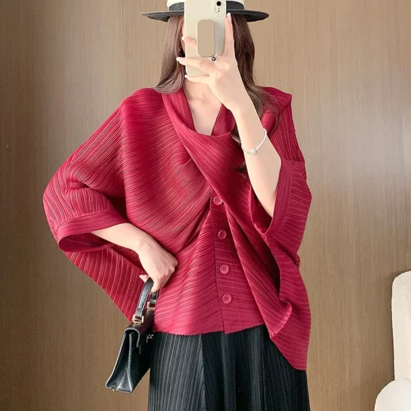 Miyake Top Women's 2025 Spring New Niche Design with A Scarf Collar and A Short Jacket with Three/4 Sleeves for Women's Clothing - Image 4