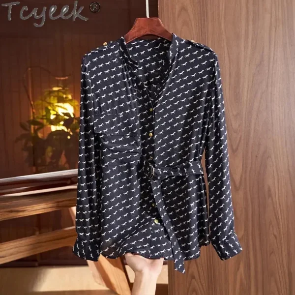 Mulberry Tcyeek 100% Shirt for Spring Autumn 2024 Fashion Long-sleeved V-neck Silk Top 's Shirts Women Clothing