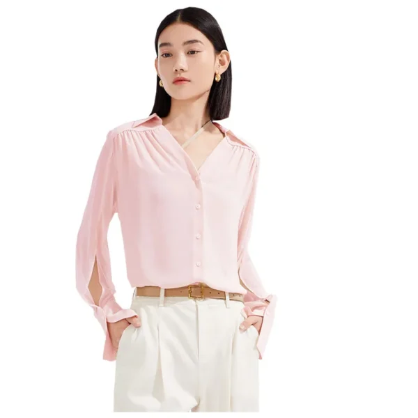 Silk Women's Spring Summer Long Sleeve Shirt 100% Mulberry Silk White V-neck Pleated Top Light Fashion Clothing Good quality - Image 2
