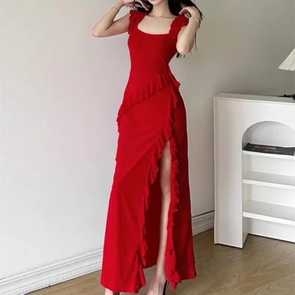 Feminine Flounced Stitching Square Collar Dress Female Temperament Slit Slimming Midi - Image 2