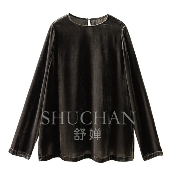 Designer Natural Silk Velvet Crew Neck Long Sleeve Split Shirt Women Blusas De Verano Mujer 2025 shirts for women