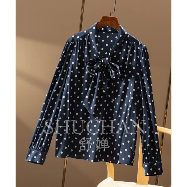 Retro Polka Dot Silk Satin Ribbon Collar Shirt Women 2025 Blouses for Women Fashion Womens Tops and Blouses - Image 4