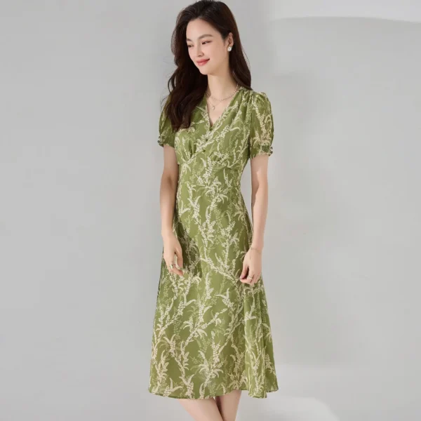 Feminine and Flattering V-neck Women's Chiffon Dress with Slimming Effect in Avocado Green for Any Occasion - Image 3