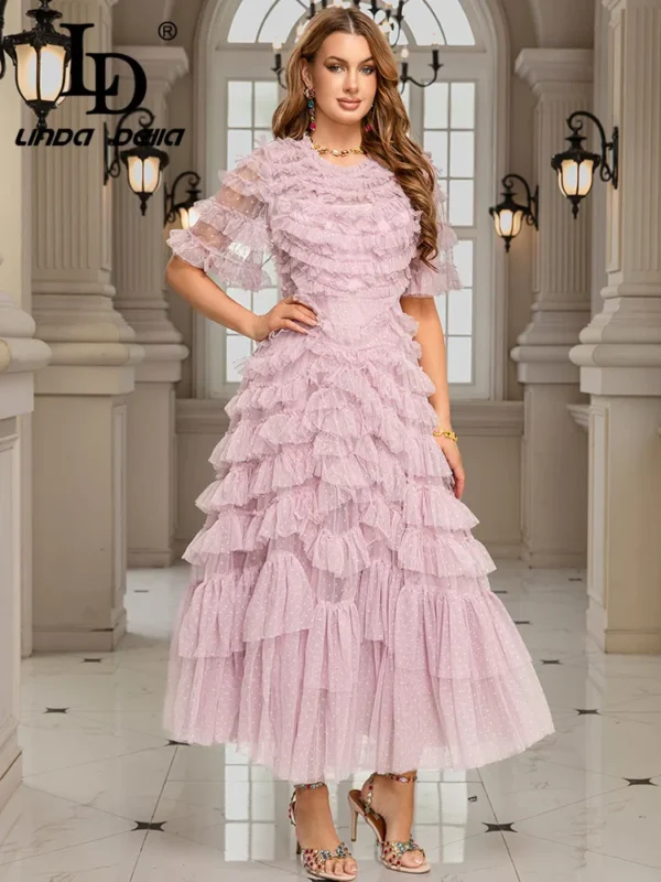 LD LINDA DELLA Fashion Design Women's Clothing French Light Luxury Socialite Style Elegant Fairy Temperament Mesh Long Dress - Image 2