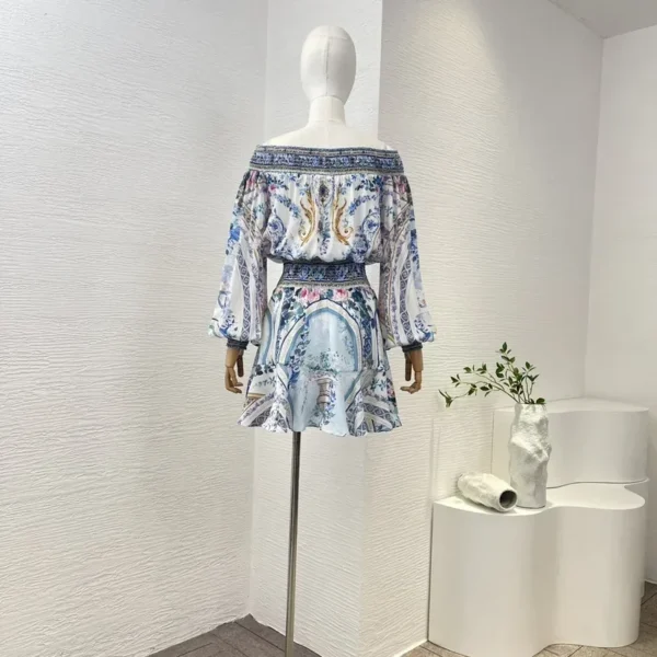 Silk 2024 New Blue Porcelain print off the shoulder shirred mini dress lantern sleeve top quality women fashion clothing - Image 2