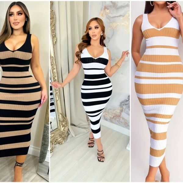 2025 New Striped Color Block Pullover Dress Sexy Beach Dress Trendy Fashion Sexy Sleeveless Bodycon Maxi Dress, Women's Clothing