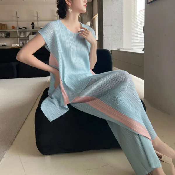 ALSEY High-end Pleated Fashion Irregular Colour Blocking Casual Top Trousers Set Women's Clothing 2025 Summer New Products - Image 4