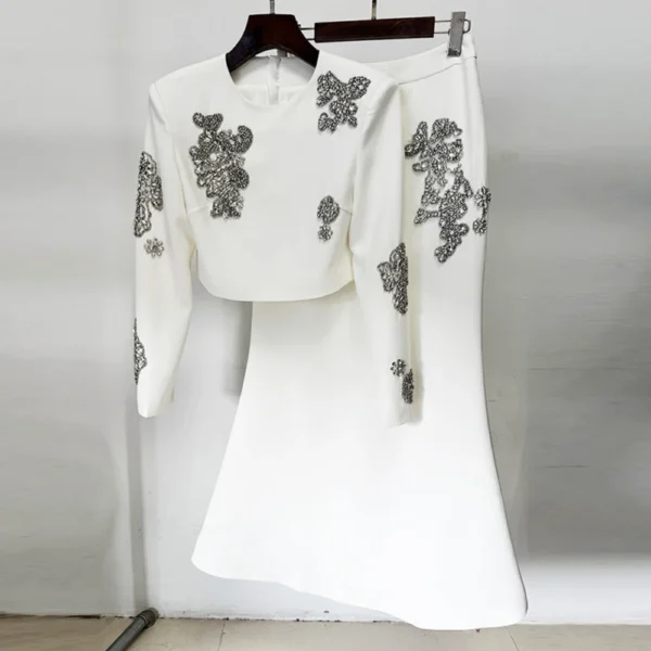 TWOTWINSTYLE Solid Fashion Two Piece Sets for Women Round Neck Long Sleeves Patchwork Bead Top High Waist Skirt Female Clothing - Image 2