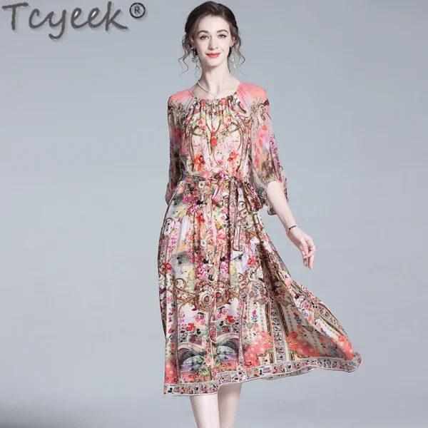 Tcyeek Natural Silk Dress Women 100% Mulberry Silk Dresses for Women Clothing Summer Dress Elegant Women's Dresses 2024 Print