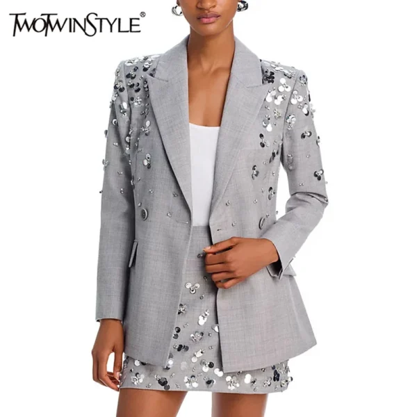 TWOTWINSTYLE Solid Two Piece Set for Women Lapel Long Sleeve Spliced Sequins Top High Waist Fashion Skirt Female Clothing New