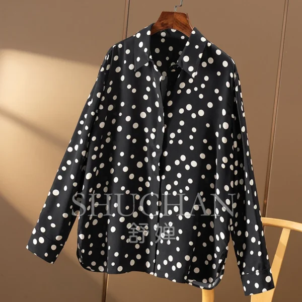 2025 Early Spring, Vintage Polka Dots, Natural Silk Silk Loose Long Sleeve Shirt Women Blouses for Women Fashion - Image 2