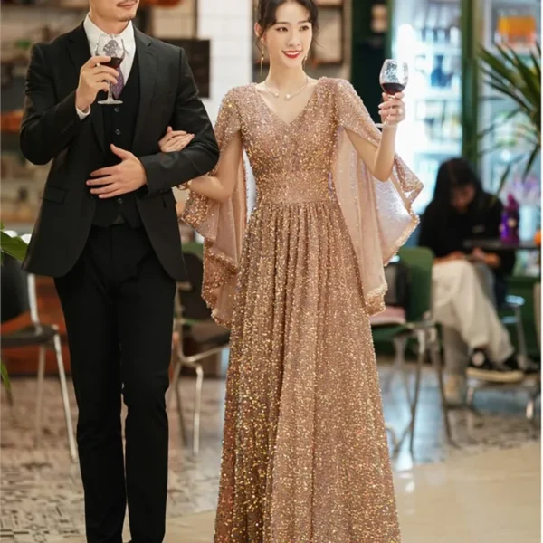 Golden feminine temperament banquet light luxury niche sequins will host the performance of long dress - Image 2