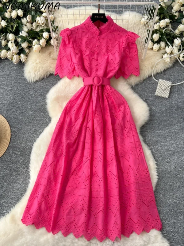 Nomikuma Women's Dress 2025 Slim Waist Stand Up Collar Short Sleeved Hollow Hook Flower Embroidery Single Breasted Long Dresses
