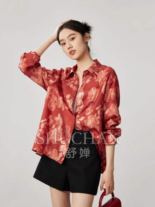 Red 19 Mmi Twill Silk Printing Loose Shirt Women Retro Blouse Korean Shirt Women 2025 New Fashion