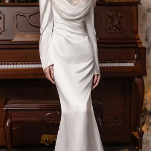 Satin simple feminine sense light long-sleeved temperament fish tail slimming welcome dress - Image 8