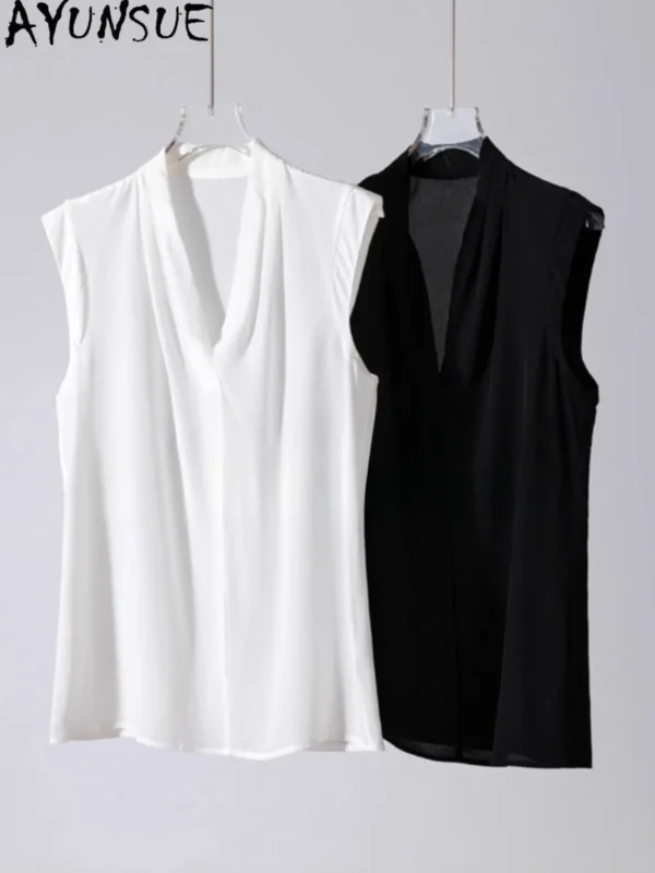 Natural Mulberry Silk T Shirts Woman Fashion V-Neck Sleeveless Summer Tops for Woman Clothing Loose Comfort Top Femme 2025 New