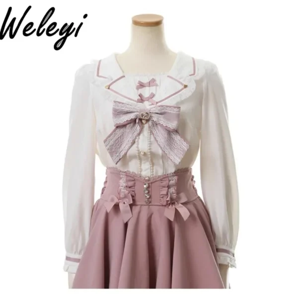Sweet Camisas De Mujer Fashion Autumn Clothing Mine Long Sleeves Koszule I Bluzki Tops Cute Navy Collar Bow Lace Vintage Poleras - Image 2