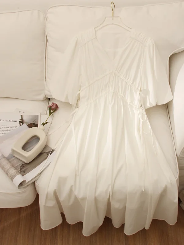 Women's Puff Sleeve Knee-Length Dress, Elegant Female Clothing, White, Slim, Solid, Top Quality, Fashion Design, Summer, 2025 - Image 4