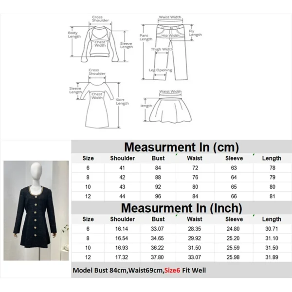 Black 2024 New Women Fashion Clothing Chic Buttons Long Sleeve Round Neck Tweed Mini Dress Top Quality Elegant - Image 3