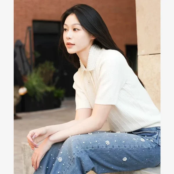 1:1 M-AJ* 2025 SS Korean Fashion Lapel Short Sleeve Light Colour Tops Knitwear Woman's T-Shirt Y2k Women's Clothing - Image 3