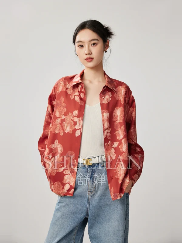 Red 19 Mmi Twill Silk Printing Loose Shirt Women Retro Blouse Korean Shirt Women 2025 New Fashion - Image 3