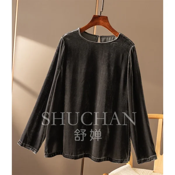 Designer Natural Silk Velvet Crew Neck Long Sleeve Split Shirt Women Blusas De Verano Mujer 2025 shirts for women - Image 3