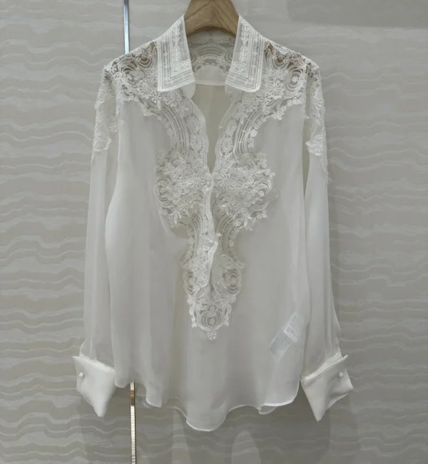 2024 autumn New arrival 100% Silk lace floral embroidery blouse shirt brand clothing for women