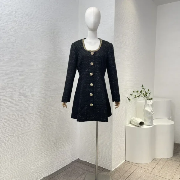 Black 2024 New Women Fashion Clothing Chic Buttons Long Sleeve Round Neck Tweed Mini Dress Top Quality Elegant