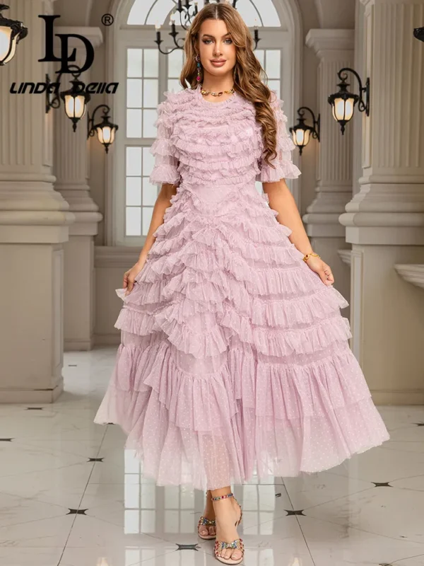 LD LINDA DELLA Fashion Design Women's Clothing French Light Luxury Socialite Style Elegant Fairy Temperament Mesh Long Dress - Image 4