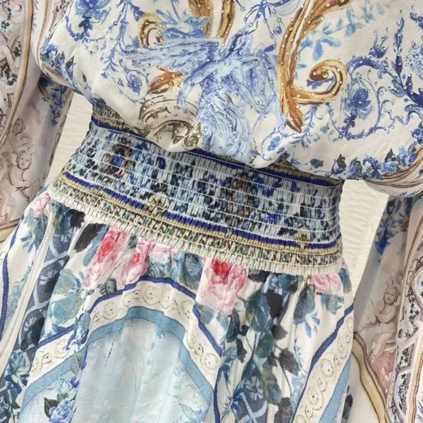 Silk 2024 New Blue Porcelain print off the shoulder shirred mini dress lantern sleeve top quality women fashion clothing - Image 6