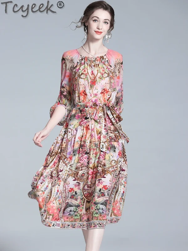 Tcyeek Natural Silk Dress Women 100% Mulberry Silk Dresses for Women Clothing Summer Dress Elegant Women's Dresses 2024 Print - Image 2