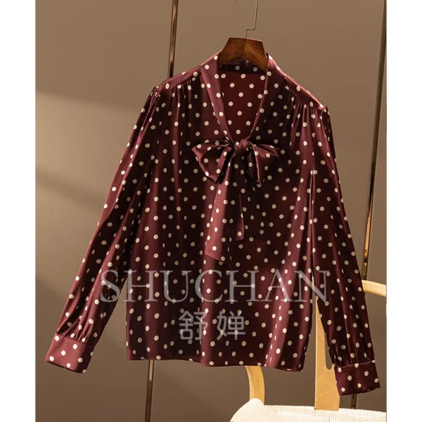 Retro Polka Dot Silk Satin Ribbon Collar Shirt Women 2025 Blouses for Women Fashion Womens Tops and Blouses - Image 3