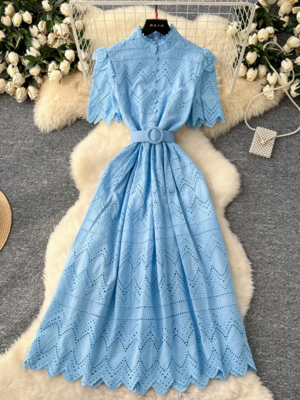 Nomikuma Women's Dress 2025 Slim Waist Stand Up Collar Short Sleeved Hollow Hook Flower Embroidery Single Breasted Long Dresses - Image 2