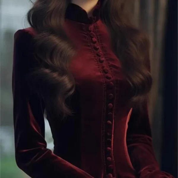 New Women's Clothing Pear Shapes Draping Effect Mature Adult Lady like Woman Red Velvet Dress - Image 5