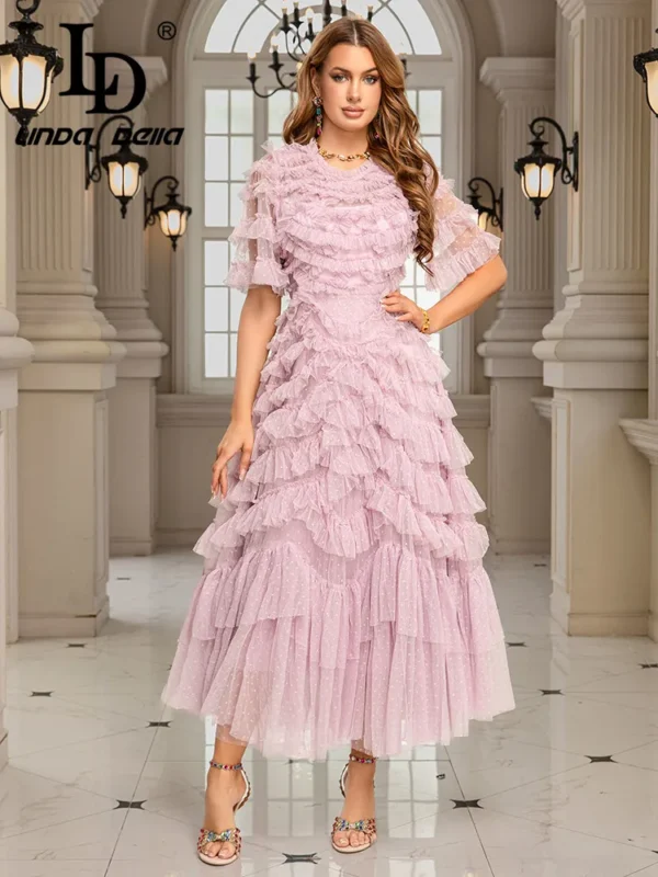 LD LINDA DELLA Fashion Design Women's Clothing French Light Luxury Socialite Style Elegant Fairy Temperament Mesh Long Dress - Image 3