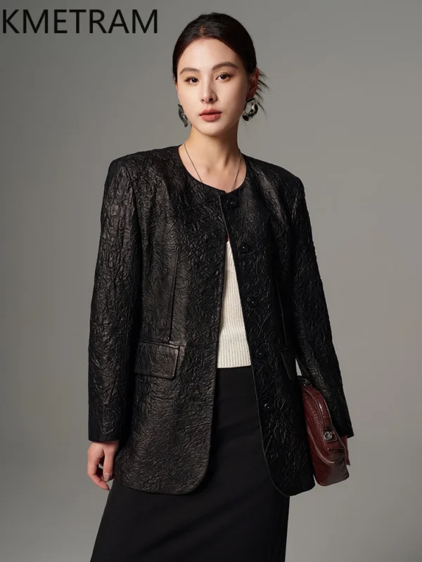 100% First Layer Sheepskin Jacket Women Genuine Leather Black Jackets Handmade Wrinkled Coat 2025 Spring Women Clothing кожанк - Image 2