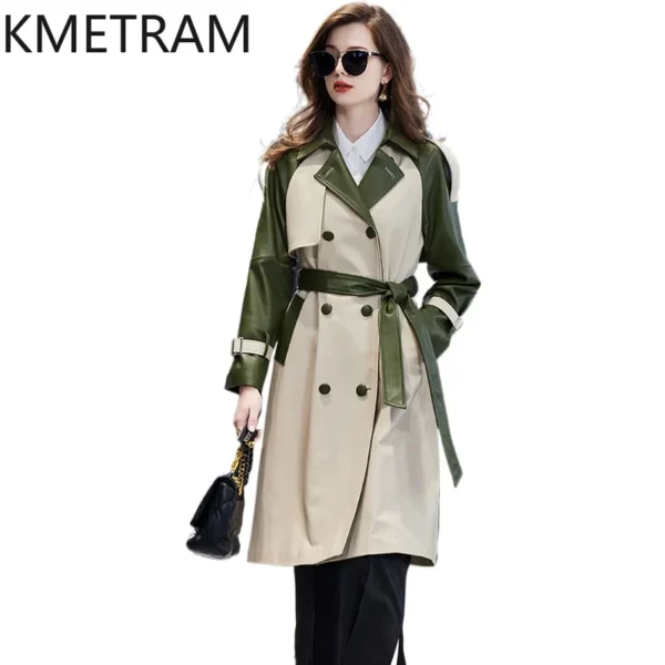 Genuine Leather Jacket Woman Real Sheepskin Long Jackets Color Blocking Leather Trench Coat Spring Women Clothing 2025 가죽자켓 여성