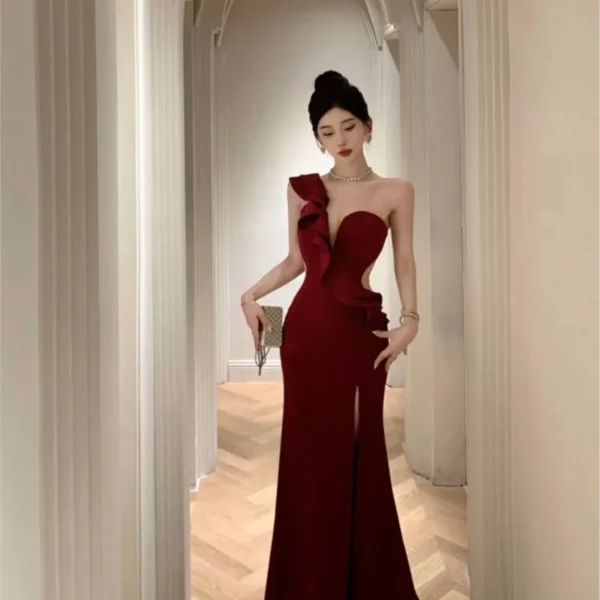 Black Hepburn dress Feminine birthday party slim slit long - Image 4