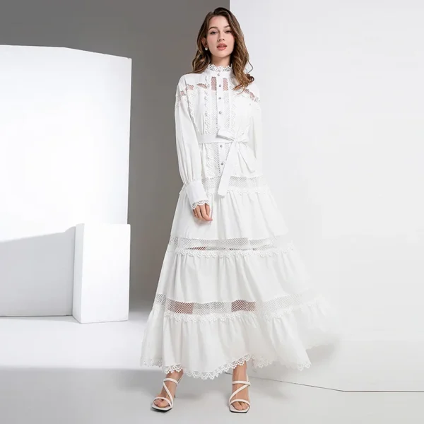 2025 European and American Fashion Elegant Stand up Collar Lace Hollow Lace Dress Long Dresses For Women Streetwear - Image 2