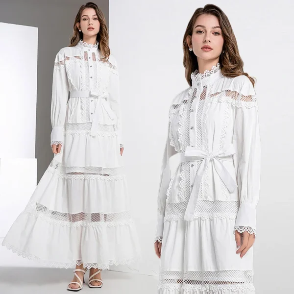 2025 European and American Fashion Elegant Stand up Collar Lace Hollow Lace Dress Long Dresses For Women Streetwear