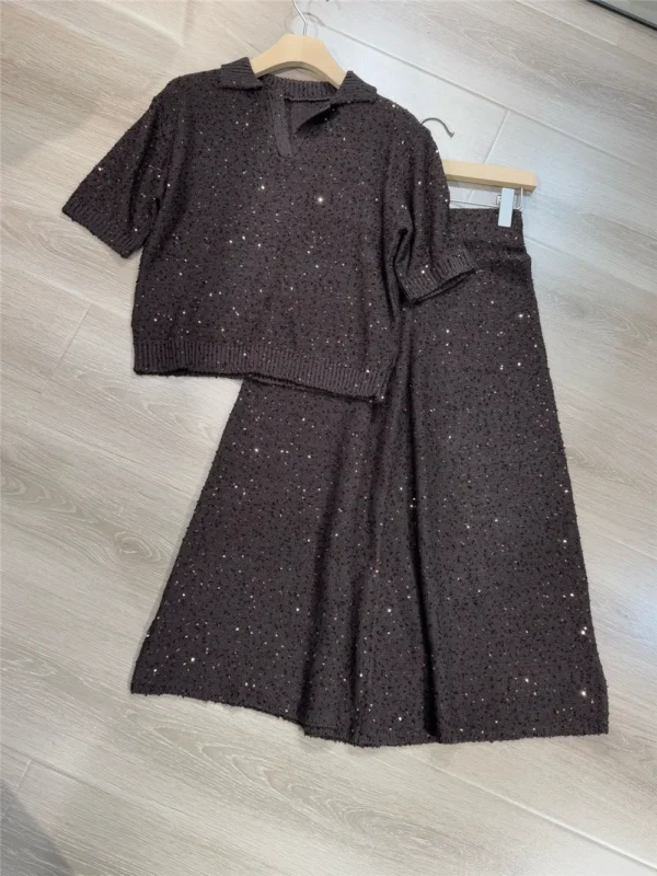 2025 Women's Knit Skirt Suit V-Neck Sequined Short-Sleeved Pullover Top + High Waist Mid-length Skirt Female Clothing 2 Piece S