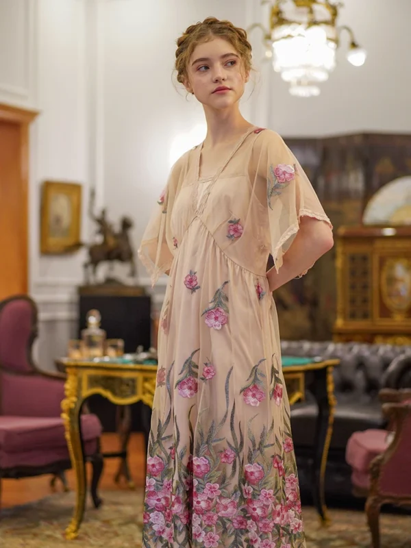 82-90cm Bust Summer Long Dresses For Women Elegant Slim Sex V-Neck Luxury Embroidery Pink Dress Korean Fashion Soft Mesh Dress - Image 3