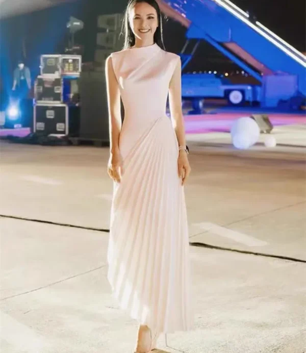 Runway New Spring Satin Irregular Pleated Party Long Dress Elegant Women Wine Red Sleeveless Half High Collar Slim Weeding Dress - Image 2